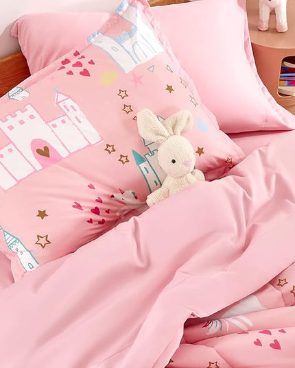 SLEEP ZONE Kids Bedding Comforter Set Full/Queen Size - Super Cute & Soft Kids Bedding 7 Pieces Set with Comforter, Sheet, Pillowcase & Sham (Unicorn Castle) - LeafyLoom