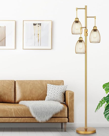 Dimmable Floor Lamp, Industrial Floor Lamps for Living Room, Gold Tree Lamp Standing Lamp Tall Lamps with 3 Elegant Teardrop Cage Head & 800 Lumens LED Bulbs for Living room Bedroom Office - LeafyLoom