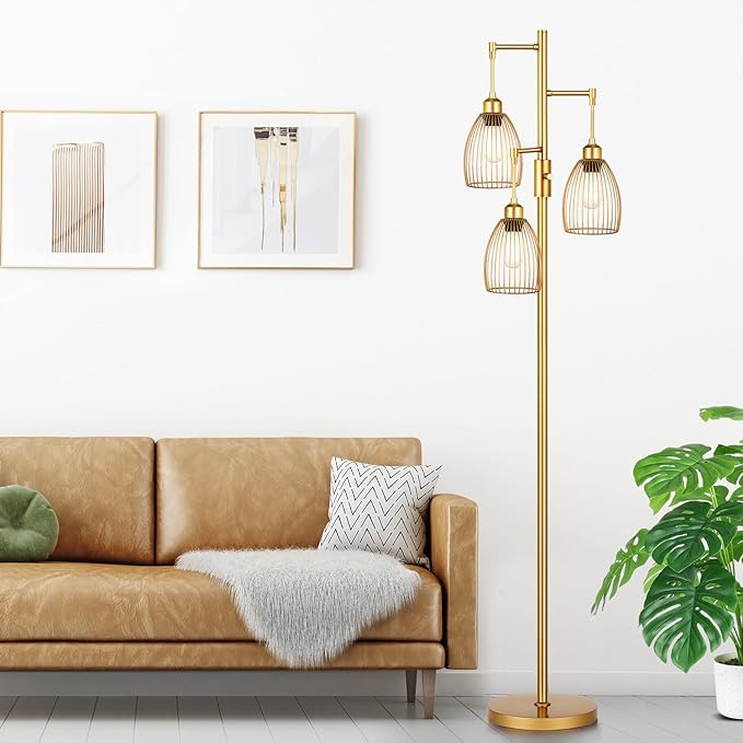 Dimmable Floor Lamp, Industrial Floor Lamps for Living Room, Gold Tree Lamp Standing Lamp Tall Lamps with 3 Elegant Teardrop Cage Head & 800 Lumens LED Bulbs for Living room Bedroom Office - LeafyLoom