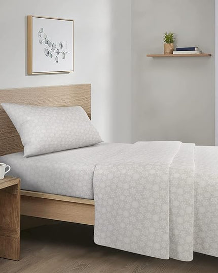 Comfort Spaces Cotton Flannel Breathable Warm Deep Pocket Sheets With Pillow Case Bedding, Twin, Snowflakes Grey, 3 Piece - LeafyLoom