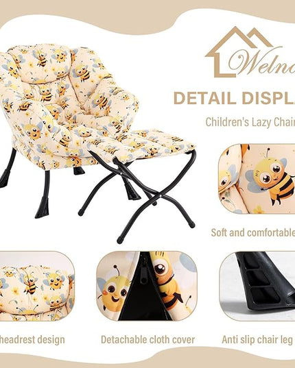 Welnow Toddler Kids Lazy Chair with Ottoman, Glow in The Dark Accent Comfy Lounge Children Armchair Couch with Removable Cover, Detachable Reading Chair with Footrest for Boy or Girl, Bees - LeafyLoom