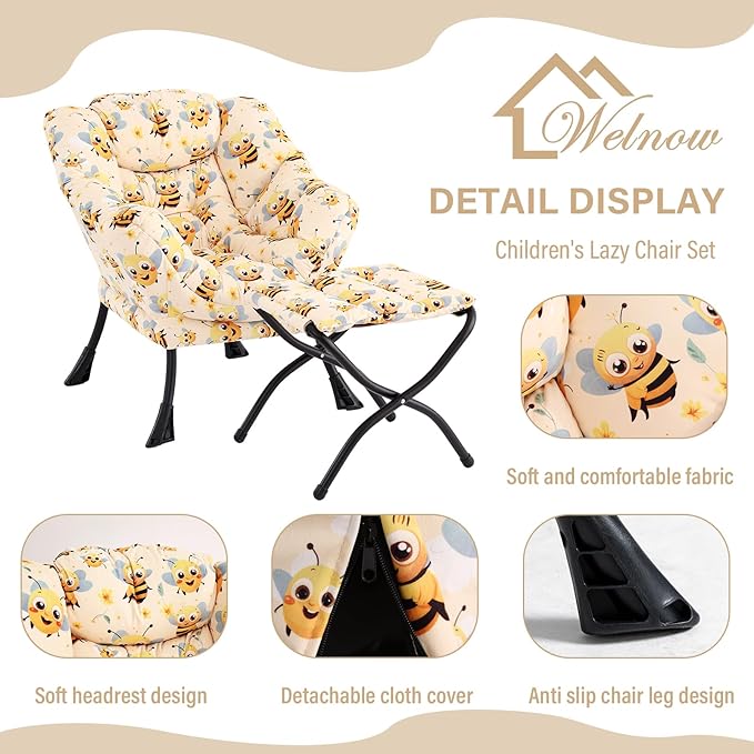 Welnow Toddler Kids Lazy Chair with Ottoman, Glow in The Dark Accent Comfy Lounge Children Armchair Couch with Removable Cover, Detachable Reading Chair with Footrest for Boy or Girl, Bees - LeafyLoom