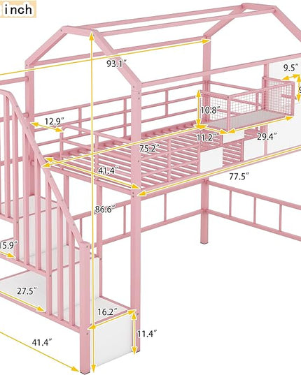 Twin Size Metal Loft Bed with roof Design and a Storage Box,House Shaped Stairway Metal Bedframe w/Guardrail & Roof Design, for Kids Boys Girls Bedroom, Pink - LeafyLoom
