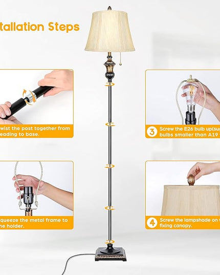 TOBUSA Traditional Floor Lamp, Classic Standing Lamp with Bronze Fabric Shade, Vintage Elegant Tall Pole Lamp for Living Room Bedroom Office Reading, Rustic Upright Floor Lights , Pull Chain Switch - LeafyLoom