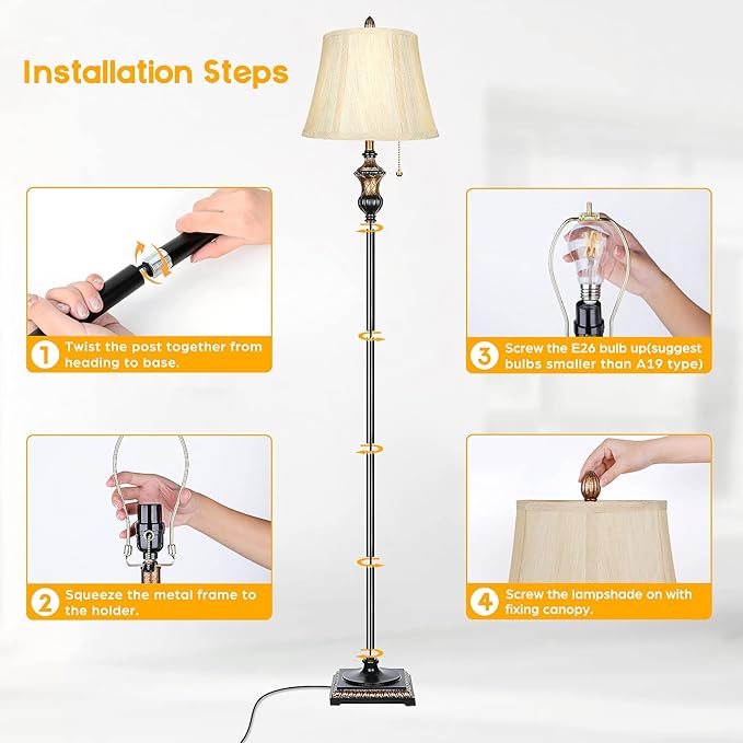 TOBUSA Traditional Floor Lamp, Classic Standing Lamp with Bronze Fabric Shade, Vintage Elegant Tall Pole Lamp for Living Room Bedroom Office Reading, Rustic Upright Floor Lights , Pull Chain Switch - LeafyLoom