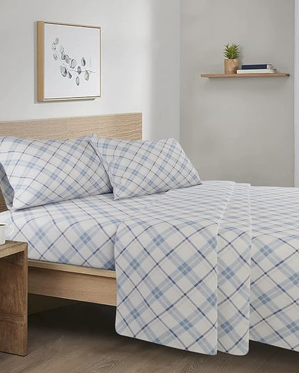 Comfort Spaces Cotton Flannel Breathable Warm Deep Pocket Sheets with Pillow Case Bedding, Queen, Blue Plaid 4 Piece - LeafyLoom