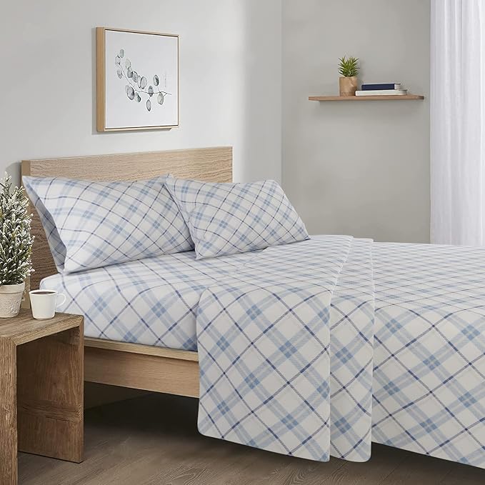 Comfort Spaces Cotton Flannel Breathable Warm Deep Pocket Sheets with Pillow Case Bedding, Queen, Blue Plaid 4 Piece - LeafyLoom