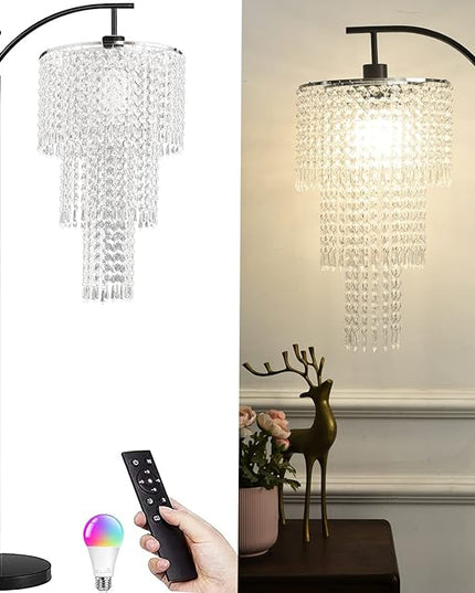 Arc Floor Lamps for Living Room Modern Crystal Floor Lamp with Remote Control,Dimmable LED Floor Lamp Crystal Lampshade Black Standing Lamp with 10 Color Temperature Tall Floor Lamp For Bedroom Corner - LeafyLoom