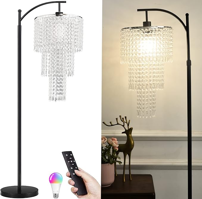 Arc Floor Lamps for Living Room Modern Crystal Floor Lamp with Remote Control,Dimmable LED Floor Lamp Crystal Lampshade Black Standing Lamp with 10 Color Temperature Tall Floor Lamp For Bedroom Corner - LeafyLoom