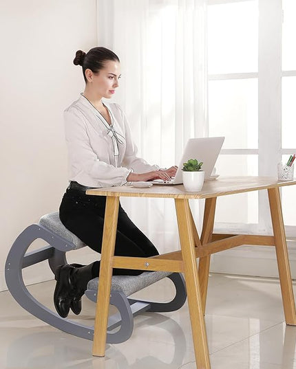 Ergonomic Kneeling Chair for Upright Posture - Rocking Chair Knee Stool for Home, Office & Meditation - Wood & Linen Cushion - Relieving Back and Neck Pain & Improving Posture (Grey) - LeafyLoom