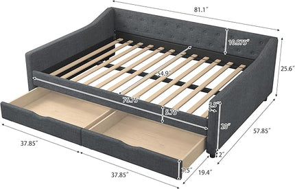 Full Size Daybed with Storage Upholstered Day Bed frame with Drawers & Button Tufted Backrest,for Living Room Bedroom,Wood Slat Support,No Box Spring Needed,Dark Grey - LeafyLoom