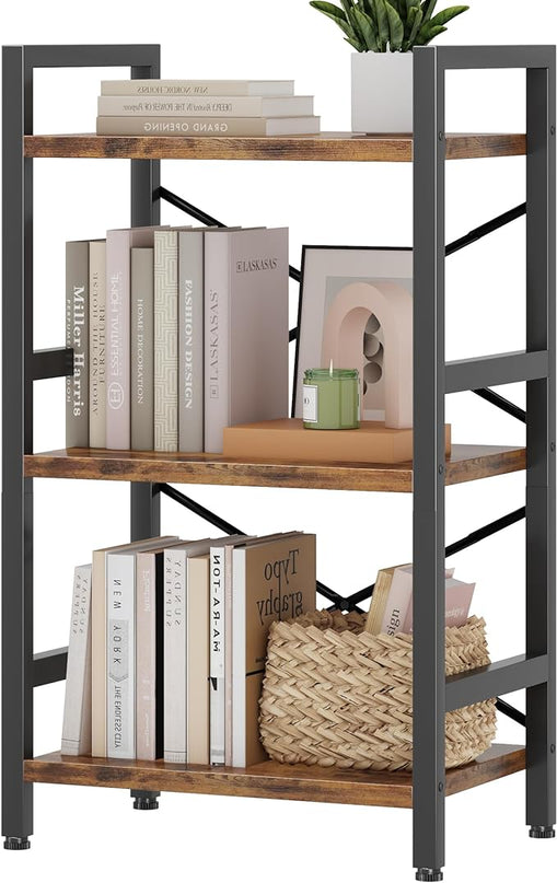 Conami Small Bookshelf, 3 Tier Industrial Bookcase, Bookcase Shelf Storage Organizer, Short Book Shelf for Bedroom, Living Room and Home Office, Vintage - LeafyLoom