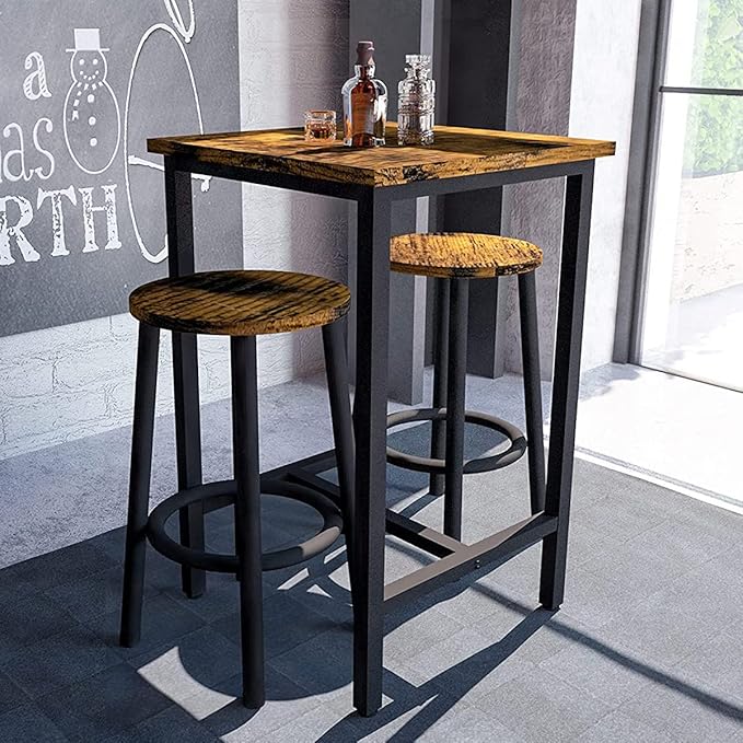 Recaceik 3 Piece Pub Dining Set, Modern bar Table and Stools for 2 Kitchen Counter Height Wood Top Bistro Easy Assemble for Breakfast Nook Living Room Small Space Restaurant, Rustic Brown 24” - LeafyLoom