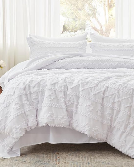 Anluoer King Comforter Set 7 Pieces, White Tufted Bed in a Bag with comforters and sheets, All Season Bedding Sets with 1 Comforter, 2 PillowShams, 2 Pillowcases, 1 Flat Sheet, 1 Fitted Sheet - LeafyLoom