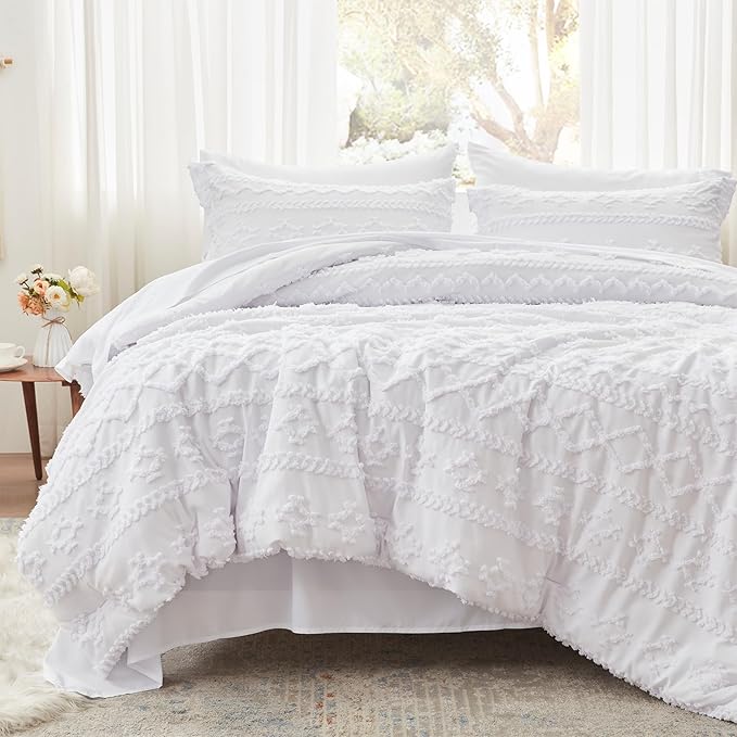 Anluoer King Comforter Set 7 Pieces, White Tufted Bed in a Bag with comforters and sheets, All Season Bedding Sets with 1 Comforter, 2 PillowShams, 2 Pillowcases, 1 Flat Sheet, 1 Fitted Sheet - LeafyLoom