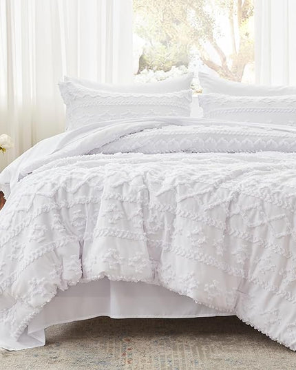 Anluoer Queen Comforter Set 7 Pieces, White Tufted Bed in a Bag with comforters and sheets, All Season Bedding Sets with 1 Comforter, 2 PillowShams, 2 Pillowcases, 1 Flat Sheet, 1 Fitted Sheet - LeafyLoom
