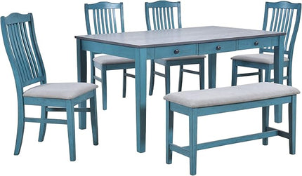 6-Piece Mid-Century Dining, Durable&Soft Wooden Table Set with Drawer, Upholstered Chairs and Bench for Living Room Kitchen, Antique Blue, Small - LeafyLoom