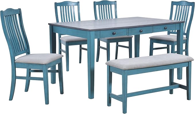 6-Piece Mid-Century Dining, Durable&Soft Wooden Table Set with Drawer, Upholstered Chairs and Bench for Living Room Kitchen, Antique Blue, Small - LeafyLoom