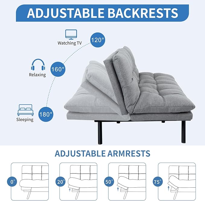 MUUEGM Futon Sofa Bed,Convertible Memory Foam Futons Couch Bed,Folding Sofa Bed Sleeper Couch Loveseat for Living Room,office,Apartment,Small Space,Adjustable Backrest Armrests,Light Grey - LeafyLoom