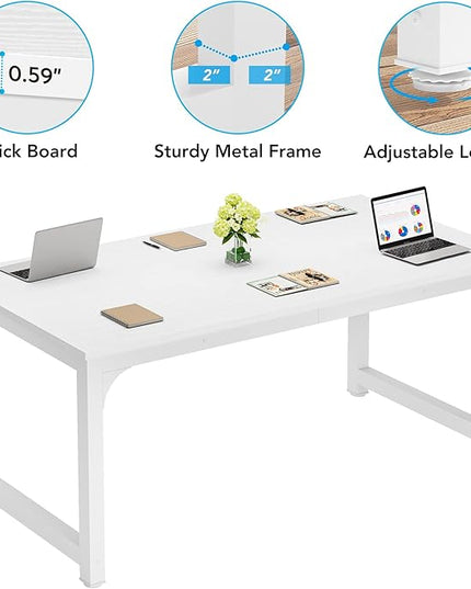 63 Inch Large Executive Computer office desk, White - LeafyLoom