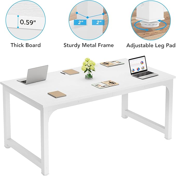 63 Inch Large Executive Computer office desk, White - LeafyLoom