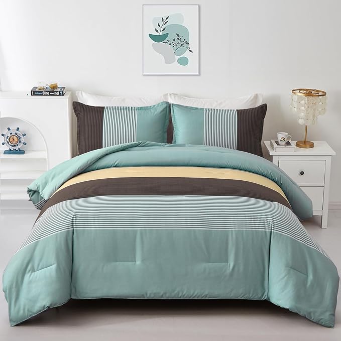WONGS BEDDING Comforter Set King, Reversible Dusty Blue Striped Patchwork Down Alternative Comforter for King Bed, 3 Pieces (1 Comforter+2 Pillowcases), Soft Microfiber Bedding Set 104"×90" - LeafyLoom