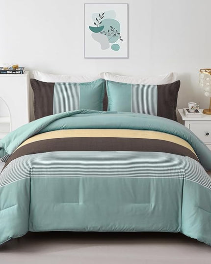 WONGS BEDDING Comforter Set Queen, Reversible Dusty Blue Striped Patchwork Down Alternative Comforter for Queen Bed, 3 Pieces (1 Comforter+2 Pillowcases), Soft Microfiber Bedding Set 90"×90" - LeafyLoom