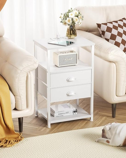 Furologee Nightstand with Charging Station, White Night Stand with LED Lights, 3-Tier Storage End Table with Fabric Drawers, Side Table with USB Ports & Outlets for Lving Room/Bedroom - LeafyLoom