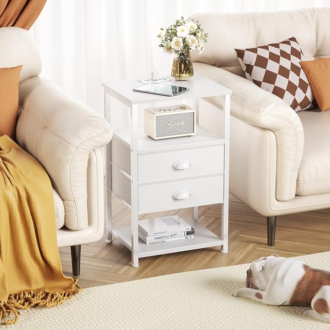 Furologee Nightstand with Charging Station, White Night Stand with LED Lights, 3-Tier Storage End Table with Fabric Drawers, Side Table with USB Ports & Outlets for Lving Room/Bedroom - LeafyLoom