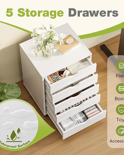 DUMOS 5 Drawer File Cabinet 5 Wood Rolling Organizer Storage Chest with Wheels Mobile Printer Stand for Home Office, White - LeafyLoom
