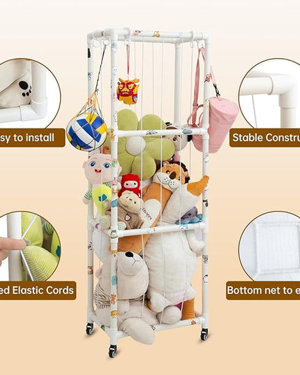 X-Large Plush Stuffed Animal Zoo Cage with Wheels, 67.7'' Stuffed Animal Storage Zoo Holder Standing, Toy Storage Organizer Shelves Basket with Net for Playroom, Bedroom, Nursery - LeafyLoom