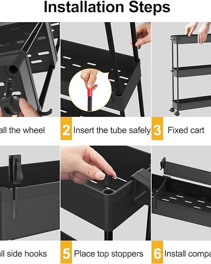 SPACELEAD Slim Storage Cart 4 Tier, Storage Organizer Rolling Utility/ Mobile Shelving Unit Slide Out Storage Cart for Office, Bathroom, Kitchen, Laundry Room & Narrow Places， Black - LeafyLoom