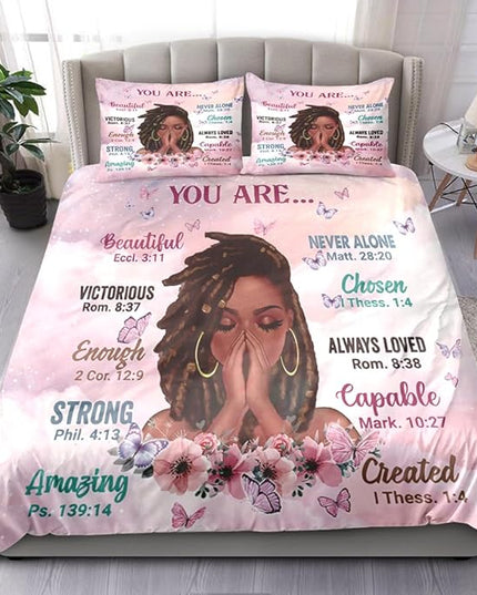 Kids Comforter Sets Full Size, Prayer Girl and African American Girl Inspirational Quotes with Floral Butterfly, Teens Bedding Sets for Girls Women (Full, Pink White) - LeafyLoom