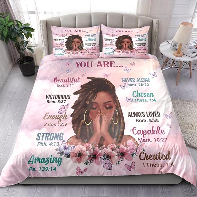 Kids Comforter Sets Full Size, Prayer Girl and African American Girl Inspirational Quotes with Floral Butterfly, Teens Bedding Sets for Girls Women (Full, Pink White) - LeafyLoom