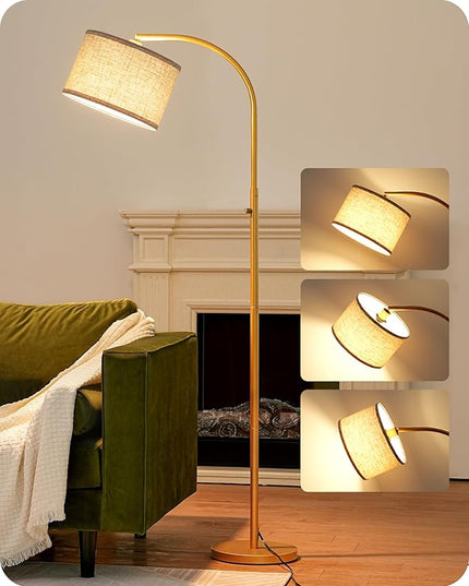 EDISHINE Dimmable Arched Floor Lamp, Gold Standing Lamp with Adjustable Line Lampshade, Rotary Switch, Reading Lights for Living Room, Bedroom, Study Room, Office, LED Bulb Included - LeafyLoom