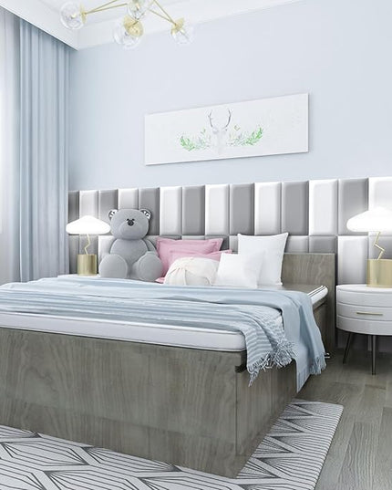 Peel and Stick Headboard Grey Upholstered Wall Panels, 6 Panels Sized 7.8" x 15.7", 3D Anti-Collision Soundproof Self-Adhesive Wall Panel for Bedroom，Living Room - LeafyLoom