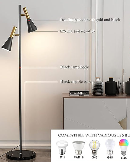 Modern Floor Lamp with 2 Adjustable Head Tall Pole Uplight for Living Room, Bedroom, Office,Gold and Black Corner Light for Reading,E26 Bulbs(Not Included) - LeafyLoom