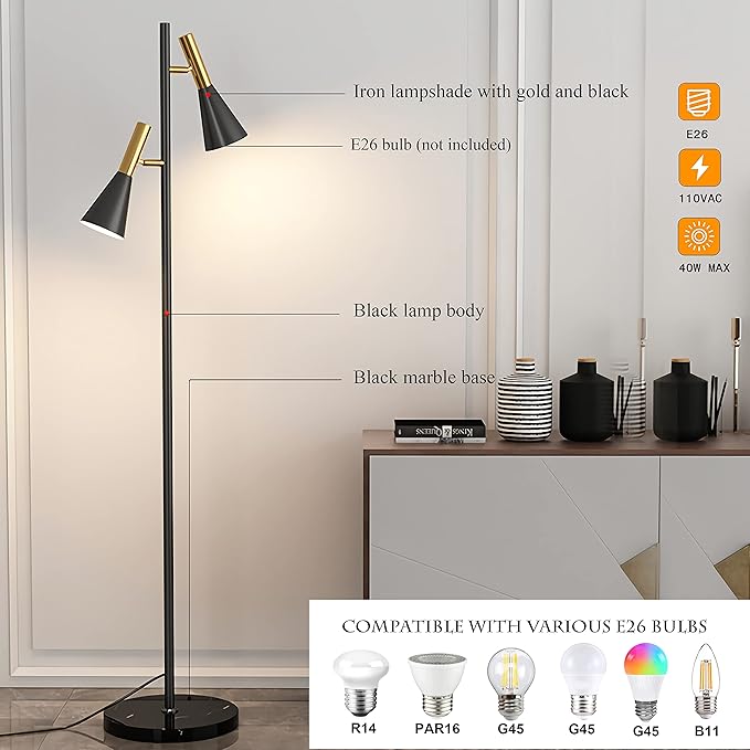 Modern Floor Lamp with 2 Adjustable Head Tall Pole Uplight for Living Room, Bedroom, Office,Gold and Black Corner Light for Reading,E26 Bulbs(Not Included) - LeafyLoom