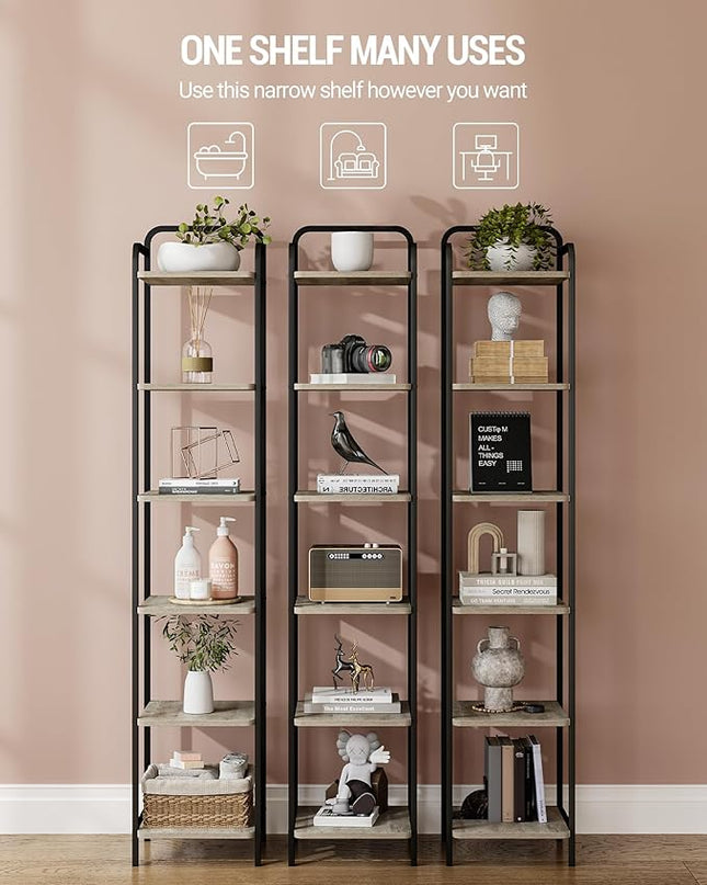 Bookcase Bookshelf, Narrow Book Shelf, Industrial Coner Shelf Storage Organizer, Slim Shelving Unit for Home Office, Living Room, Bedroom, Kitchen, 6-Tier Greige BC24605B - LeafyLoom
