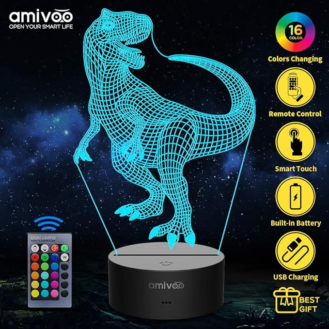 Dinosaur 3D Night Light for Kids 16 Colors Changing 3D Optical Illusion Lamp with Smart Touch & Remote Control, Best Gift for Girls Boys Kids (T-rex) - LeafyLoom