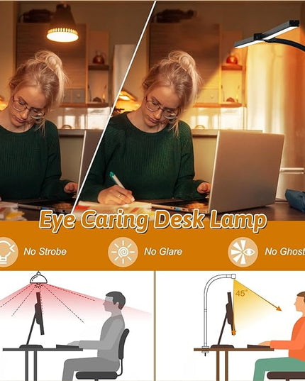 Double Head LED Desk Lamp with Anti-Glare Cover Computer Desk Lamp for Home Office 24W Brightest Desk Light Office Lamp for Workbench Drafting Architect with Clamp and Base - LeafyLoom