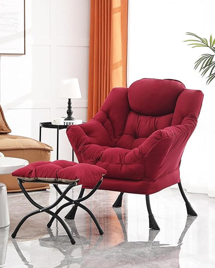 Lazy Chair and Ottoman, Large Accent Lounge Chair with Armrests and a Side Pocket, Modern Leisure Upholstered Sofa Reading Armchair with Footrest for Bedroom, Living Room, Dorm Rooms, Office - LeafyLoom