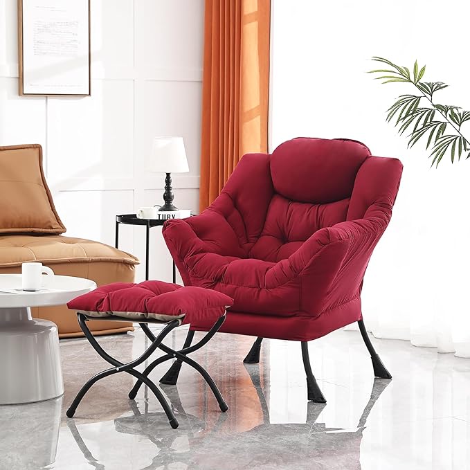 Lazy Chair and Ottoman, Large Accent Lounge Chair with Armrests and a Side Pocket, Modern Leisure Upholstered Sofa Reading Armchair with Footrest for Bedroom, Living Room, Dorm Rooms, Office - LeafyLoom