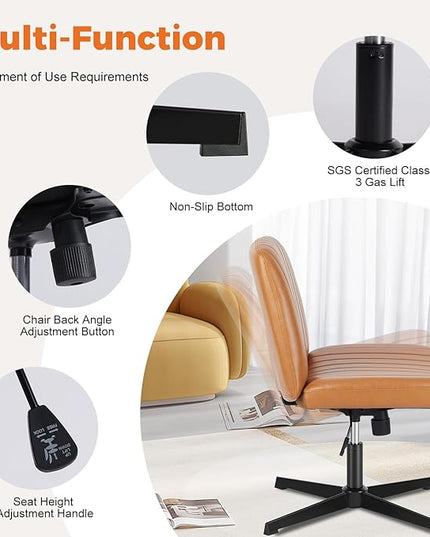 Sweetcrispy Cross Legged Office Chair, Criss Cross Chair Armless Wide Desk Chair No Wheels, Adjustable Swivel Home Office Vanity Chair - LeafyLoom