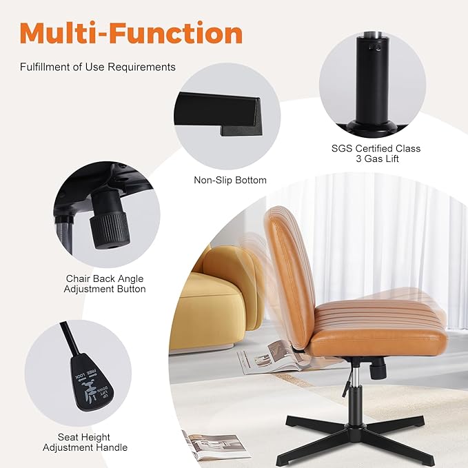 Sweetcrispy Cross Legged Office Chair, Criss Cross Chair Armless Wide Desk Chair No Wheels, Adjustable Swivel Home Office Vanity Chair - LeafyLoom