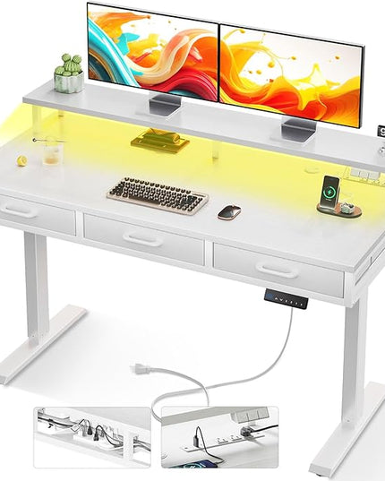AODK 47 Inch Electric Standing Desk with 3 Drawers, White, Height Adjustable Desk with Power Outlets & LED Lights, Stand Up Desk with Monitor Shelf, Sit Stand Desk Computer Workstation - LeafyLoom