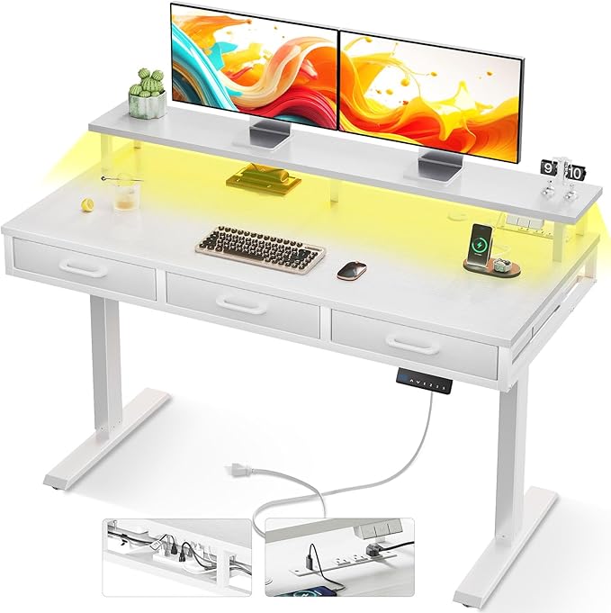 AODK 47 Inch Electric Standing Desk with 3 Drawers, White, Height Adjustable Desk with Power Outlets & LED Lights, Stand Up Desk with Monitor Shelf, Sit Stand Desk Computer Workstation - LeafyLoom