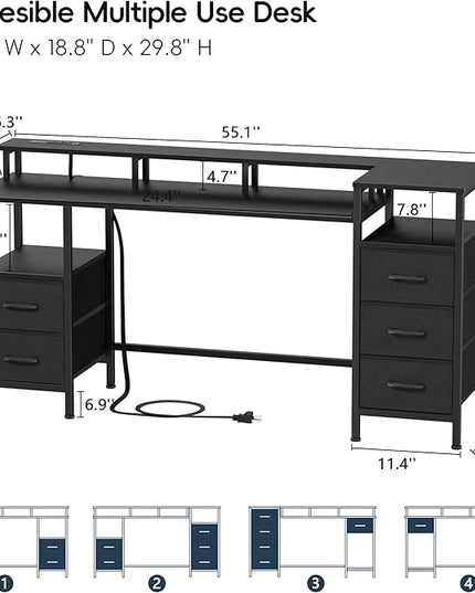 Computer Desk with Power Outlets & LED Lights, Gaming Desk with 5 Fabric Drawers for Bedroom, 55 Inch Home Office Desk with Monitor Stand & Storage Shelves for Working, Black - LeafyLoom