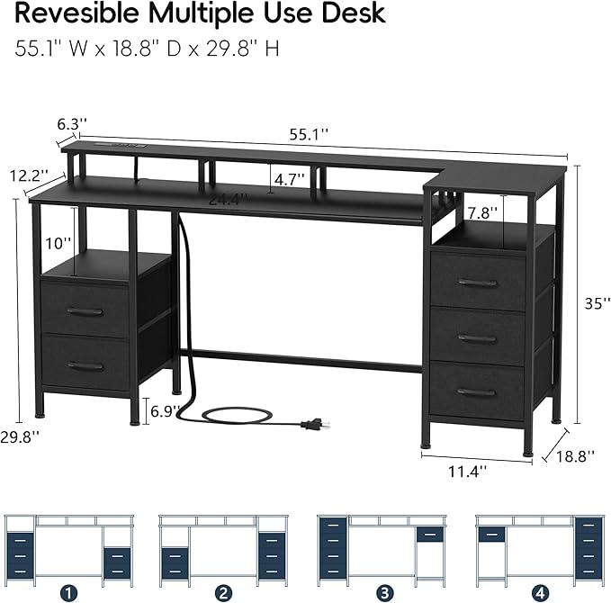 Computer Desk with Power Outlets & LED Lights, Gaming Desk with 5 Fabric Drawers for Bedroom, 55 Inch Home Office Desk with Monitor Stand & Storage Shelves for Working, Black - LeafyLoom