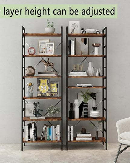 6 Tier Industrial Bookcase Shelf,Tall Bookshelf Industrial Corner Storage Organizer for Bedroom/Living Room/Home Office - Rustic Brown Modern Book Shelf for Books and Movies - LeafyLoom